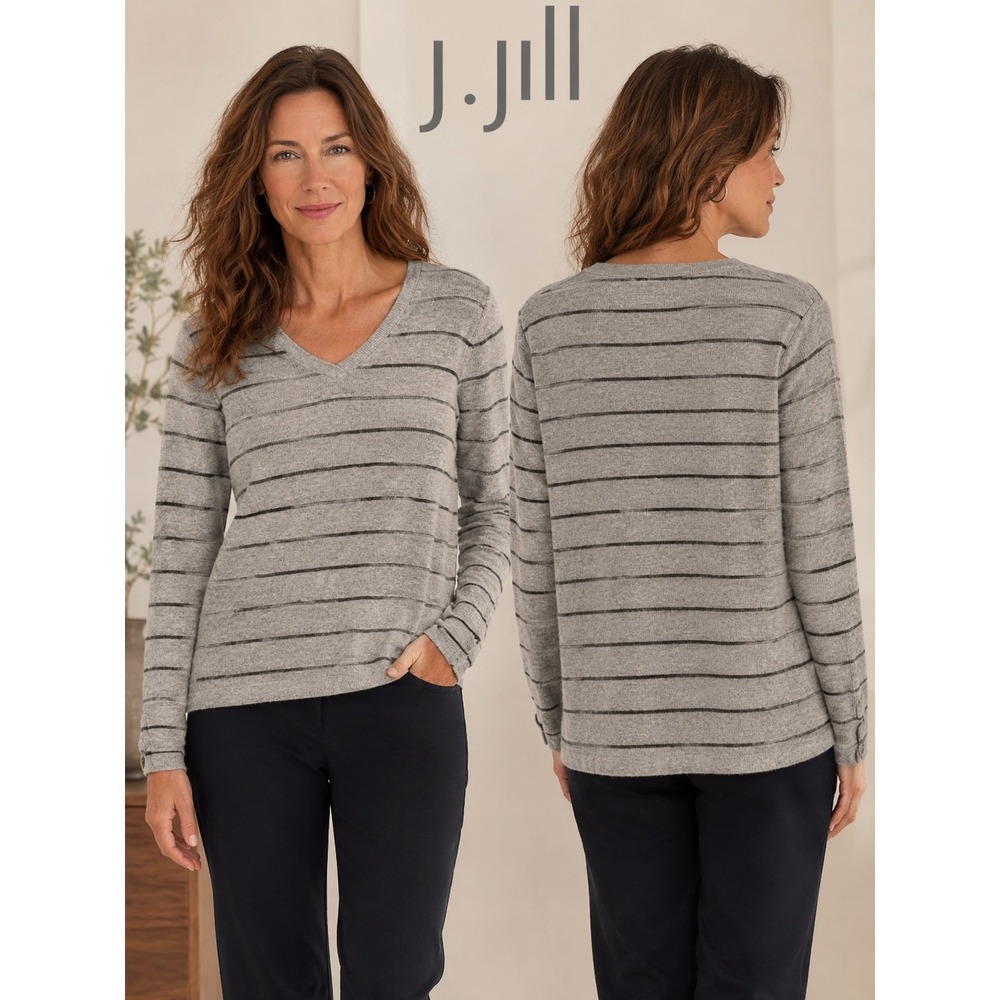 J. Jill Womens Grey Striped V-Neck Long Sleeve Top with‎ Pockets Size L